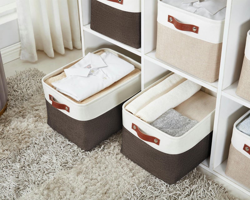DECOMOMO Storage Baskets for Shelves - Fabric Storage Bins, Linen Closet Organizers and Storage (Brown & White, Large - 3 Pack) - Image 3